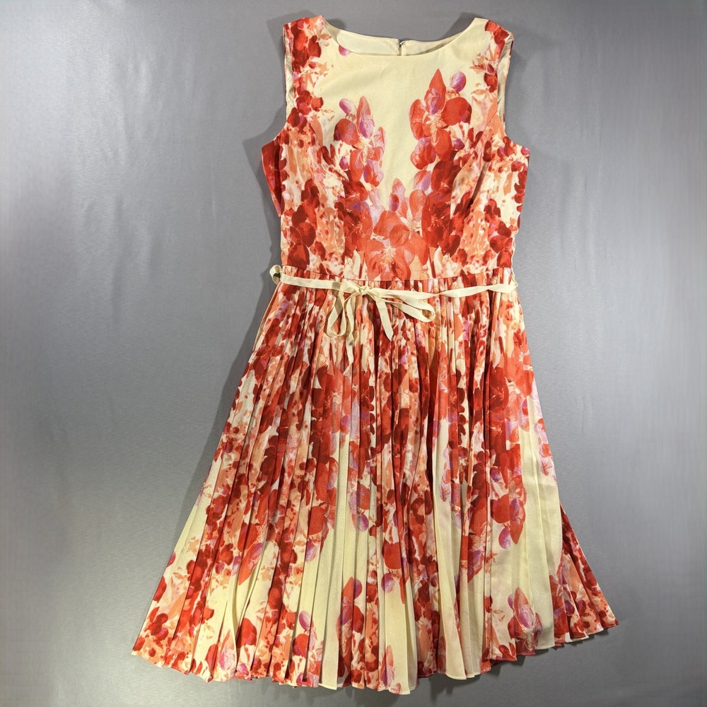Adrianna Papell Floral Pleated Fit and Flare Dress Orange Red Cream Womens 2
